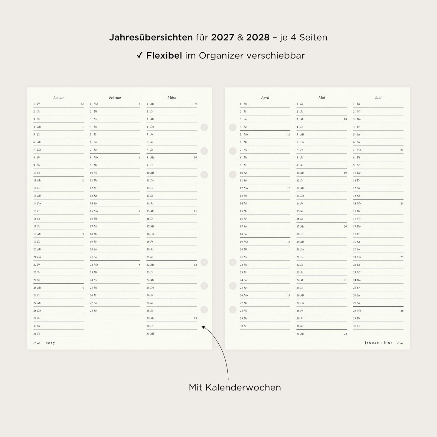 Kalendereinlagen A5 | 2027 Horizontal Linien